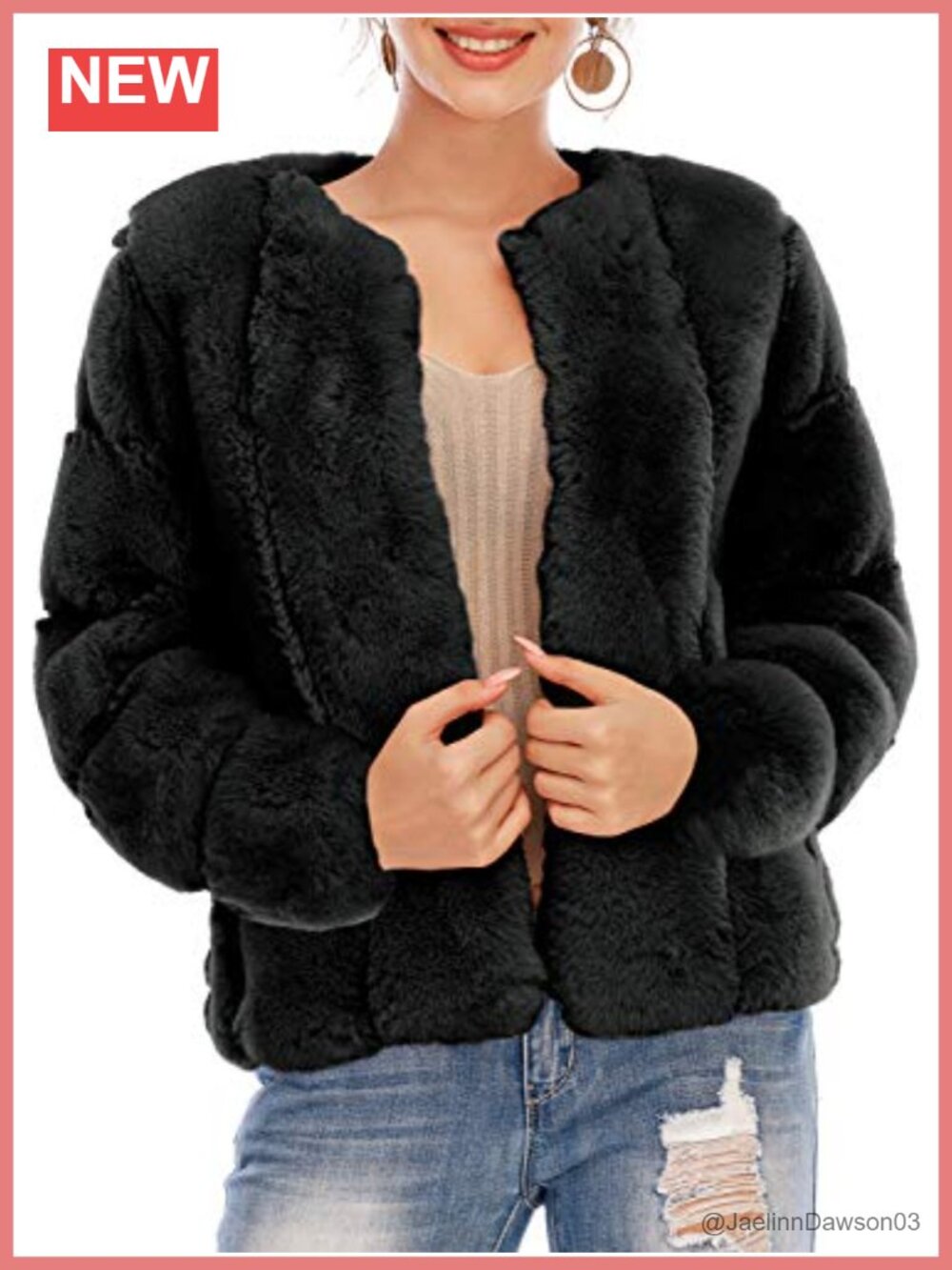 Long Sleeve Open Front Fuzzy Faux Fur Coat Hidden Hook Closure